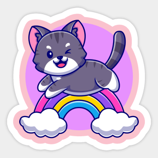 Cute Cat Jumping With Rainbow And Cloud Cartoon Sticker